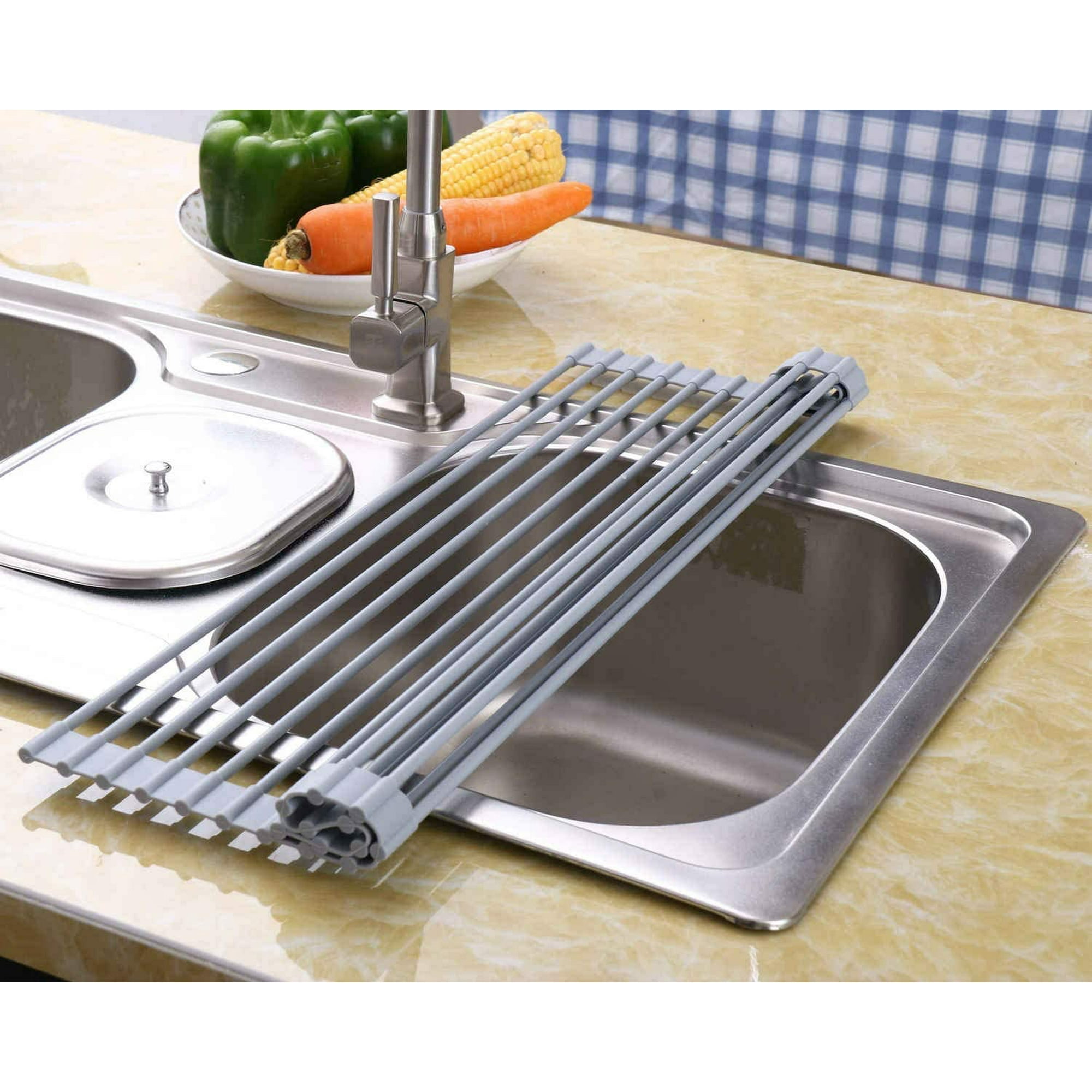 Over the Sink Dish Drying Rack Multipurpose Roll-Up Warm Gray, Large